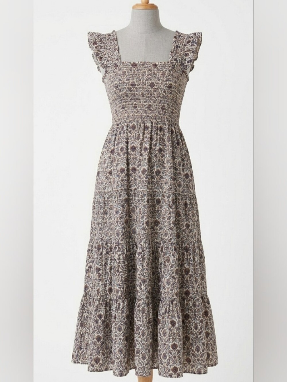 Smocked Square-Neck Cotton Maxi Dress in Autumn Fall Floral XS